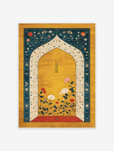 Indian wall art featuring a Mughal arch with red, white, and teal botanical flowers on a gold background.