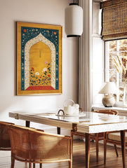 Indian wall art featuring a Mughal arch with red, white, and teal botanical flowers on a gold background. - Image 2