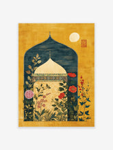 Indian Wall Art print with a Mughal archway, dome, golden background, teal interior, and vibrant botanical flowers.
