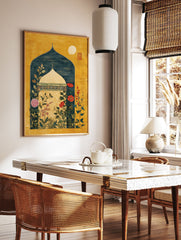 Indian Wall Art print with a Mughal archway, dome, golden background, teal interior, and vibrant botanical flowers. - Image 2