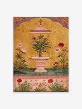 Indian Wall Art print of a Mughal botanical painting with a plant in a fountain, pink flowers, and gold background.