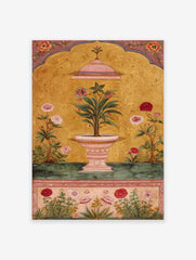 Indian Wall Art print of a Mughal botanical painting with a plant in a fountain, pink flowers, and gold background.
