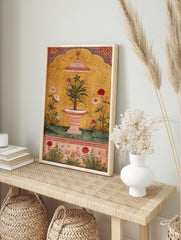 Indian Wall Art print of a Mughal botanical painting with a plant in a fountain, pink flowers, and gold background. - Image 3