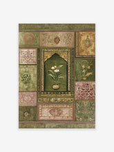 Intricate Indian wall art with a central arched panel featuring a potted white flower, surrounded by green, gold, and red botanical patterns.