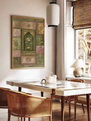 Intricate Indian wall art with a central arched panel featuring a potted white flower, surrounded by green, gold, and red botanical patterns. - Image 2