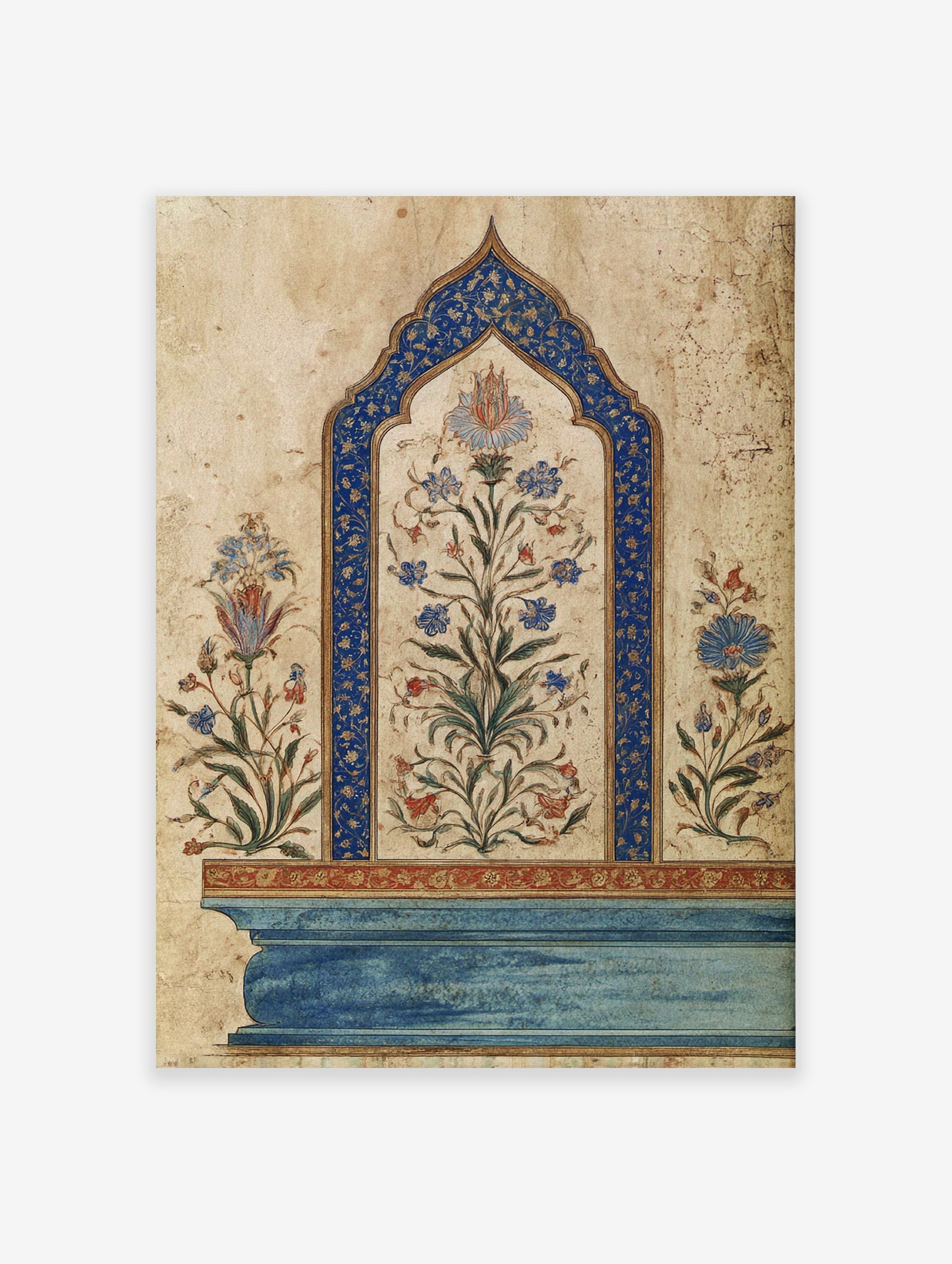 Ornate Indian wall art featuring a central blue arched frame with colorful Mughal botanical flowers on a beige background.