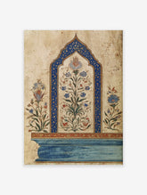 Ornate Indian wall art featuring a central blue arched frame with colorful Mughal botanical flowers on a beige background.