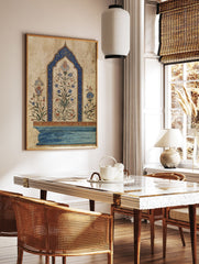 Ornate Indian wall art featuring a central blue arched frame with colorful Mughal botanical flowers on a beige background. - Image 2