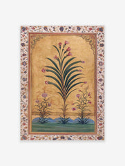 Indian botanical wall art with pink flowers, green leaves, and a golden arched background with a floral border.