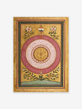 Traditional Indian Mughal art print: central medallion with pink and white concentric circles, gold background, and floral borders.