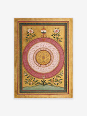 Traditional Indian Mughal art print: central medallion with pink and white concentric circles, gold background, and floral borders.