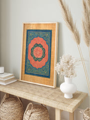 Ornate Indian wall art print featuring a pink peony flower, teal and gold patterns, and a blue decorative border. - Image 3
