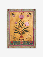 Indian wall art featuring pink botanical flowers in a vase on a gold background with a decorative border.