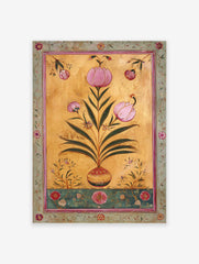 Indian wall art featuring pink botanical flowers in a vase on a gold background with a decorative border.
