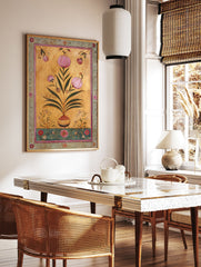 Indian wall art featuring pink botanical flowers in a vase on a gold background with a decorative border. - Image 2