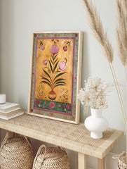 Indian wall art featuring pink botanical flowers in a vase on a gold background with a decorative border. - Image 3