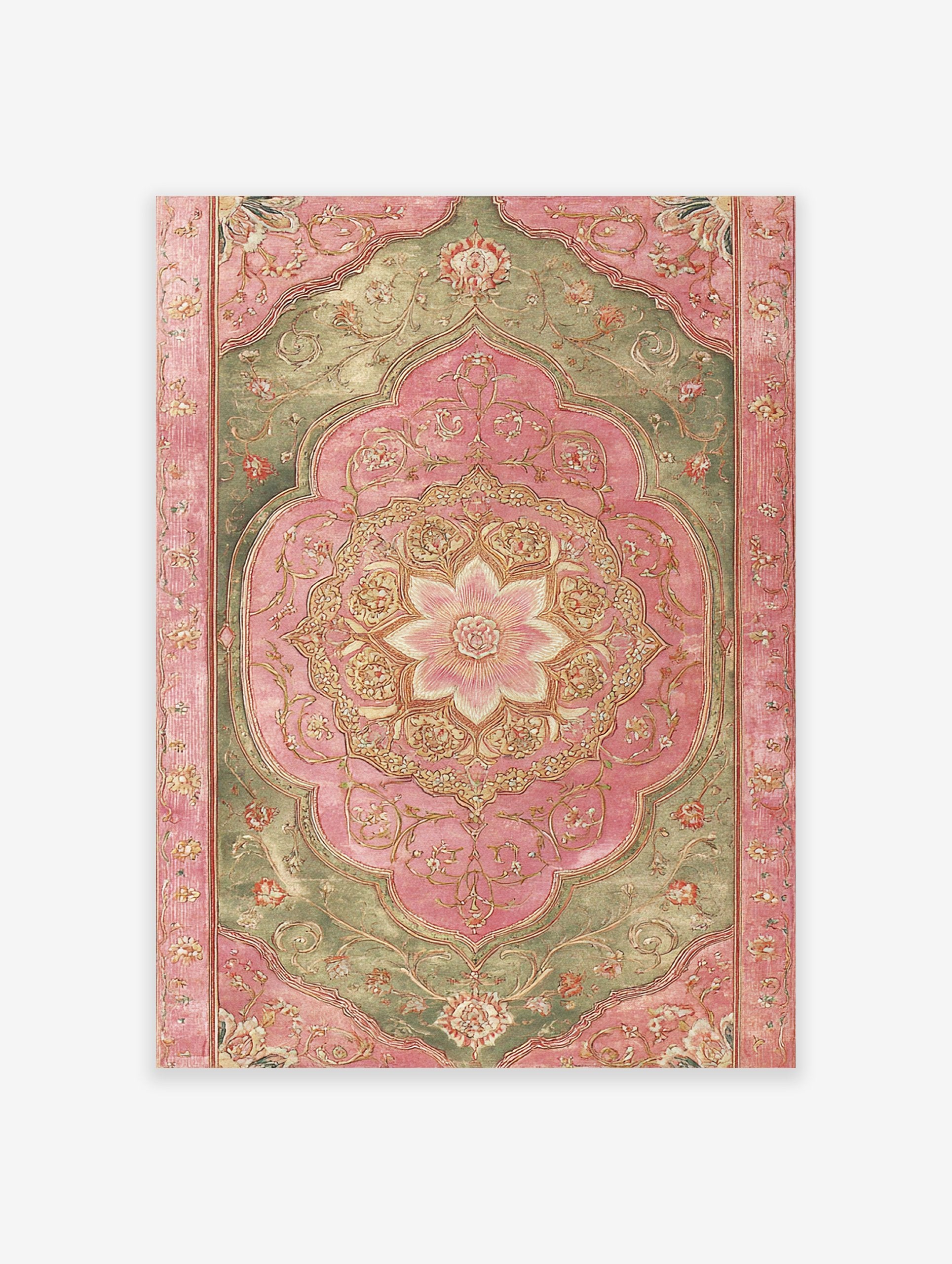 Ornate Indian wall art print with pink and green botanical floral medallion design and gold accents on a white background