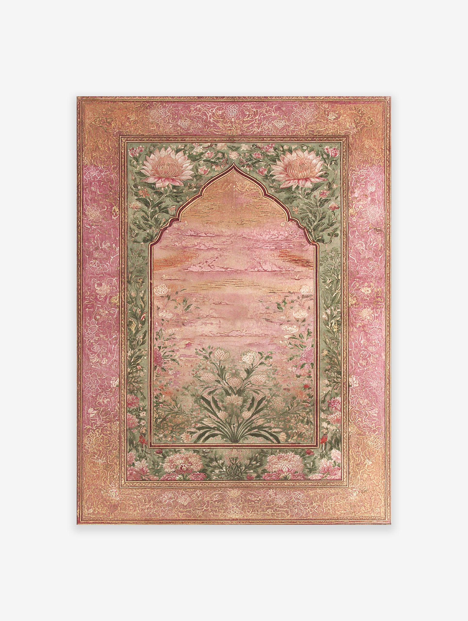 Indian Wall Art featuring a pink lotus botanical print with green foliage and an ornate pink and gold Mughal-style border.