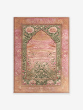 Indian Wall Art featuring a pink lotus botanical print with green foliage and an ornate pink and gold Mughal-style border.