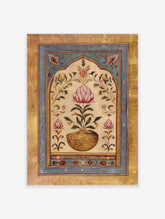 Indian Wall Art featuring a pink lotus flower in a golden vase, surrounded by botanical motifs within an arched frame.