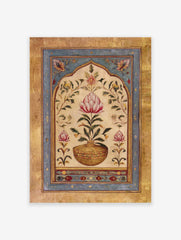 Indian Wall Art featuring a pink lotus flower in a golden vase, surrounded by botanical motifs within an arched frame.