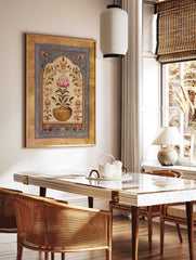 Indian Wall Art featuring a pink lotus flower in a golden vase, surrounded by botanical motifs within an arched frame. - Image 2