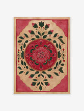 Red lotus floral painting in traditional Indian botanical style on a beige background with red and gold borders