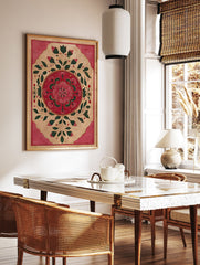 Red lotus floral painting in traditional Indian botanical style on a beige background with red and gold borders - Image 2