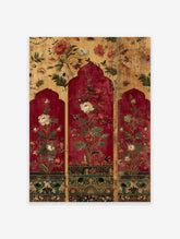 Three panel Indian botanical wall art with red arches, white and red flowers, and gold background with intricate patterns.