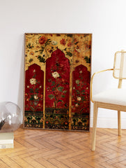 Three panel Indian botanical wall art with red arches, white and red flowers, and gold background with intricate patterns. - Image 2