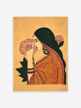 Traditional Indian woman illustration art print with orange sari, green hair, and yellow background, holding a flower.