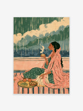 Indian woman in pink shawl drinking chai on balcony during monsoon rain, cultural art print