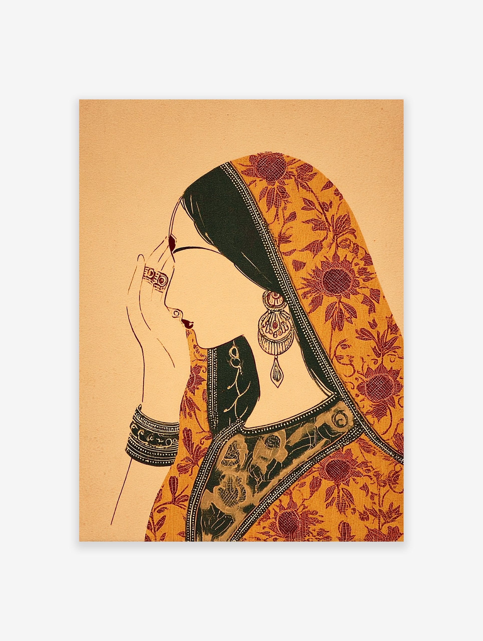 Illustration of an Indian woman wearing traditional yellow, red, and green patterned saree and jewelry, hands raised.