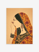 Illustration of an Indian woman wearing traditional yellow, red, and green patterned saree and jewelry, hands raised.