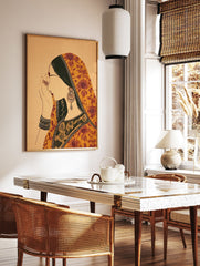 Illustration of an Indian woman wearing traditional yellow, red, and green patterned saree and jewelry, hands raised. - Image 3