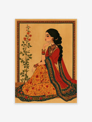 Illustrative Indian woman wall art in red and orange attire with floral botanical elements and gold jewellery on tan