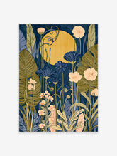 Indigo botanical moon poster with blue flowers, pink blooms, and swirling vines on a golden moon