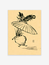 Ink wash turnip with leafy tops and red seal stamp on tan paper
