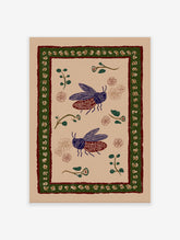 Folk art insect wall art featuring two stylized blue and maroon beetles with botanical elements and a patterned border on beige.