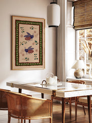 Folk art insect wall art featuring two stylized blue and maroon beetles with botanical elements and a patterned border on beige. - Image 2