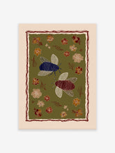 Stylized insect wall art print with blue and maroon bees, folk art flowers, and leaves on an olive green background.