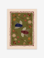 Stylized insect wall art print with blue and maroon bees, folk art flowers, and leaves on an olive green background.