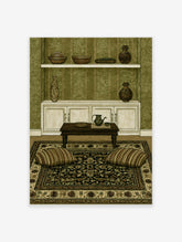 Illustrative interior wall art print featuring a wooden table, pottery, and green wallpaper in a serene room setting