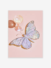 Iridescent butterfly art print with faux pearl details and a pink coupe glass on a pale pink background