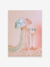 Iridescent jellyfish art print with pearl tentacles and glass goblet on pink background