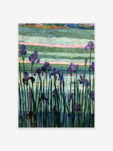 Purple iris flowers with green stems against a textured, multi-coloured striped background in an illustrative art print