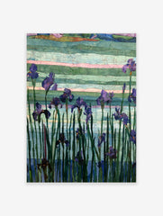Purple iris flowers with green stems against a textured, multi-coloured striped background in an illustrative art print
