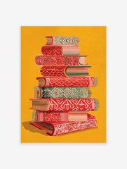 Islamic books wall art with ornate red and green patterns on a vibrant yellow background