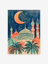 Navy mosque print with golden crescent moon, stars, coral domes, minarets, and palm trees