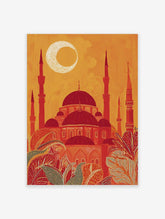 Stylised Islamic mosque with red domes, minarets, and crescent moon against an orange sky, with patterned foliage